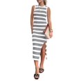 thumbnail image 3 of Women'S 2025 Summer Dresses Casual Sleeveless Hollow Out Knit Side Slit Striped Midi Tank Dress White M, 3 of 7