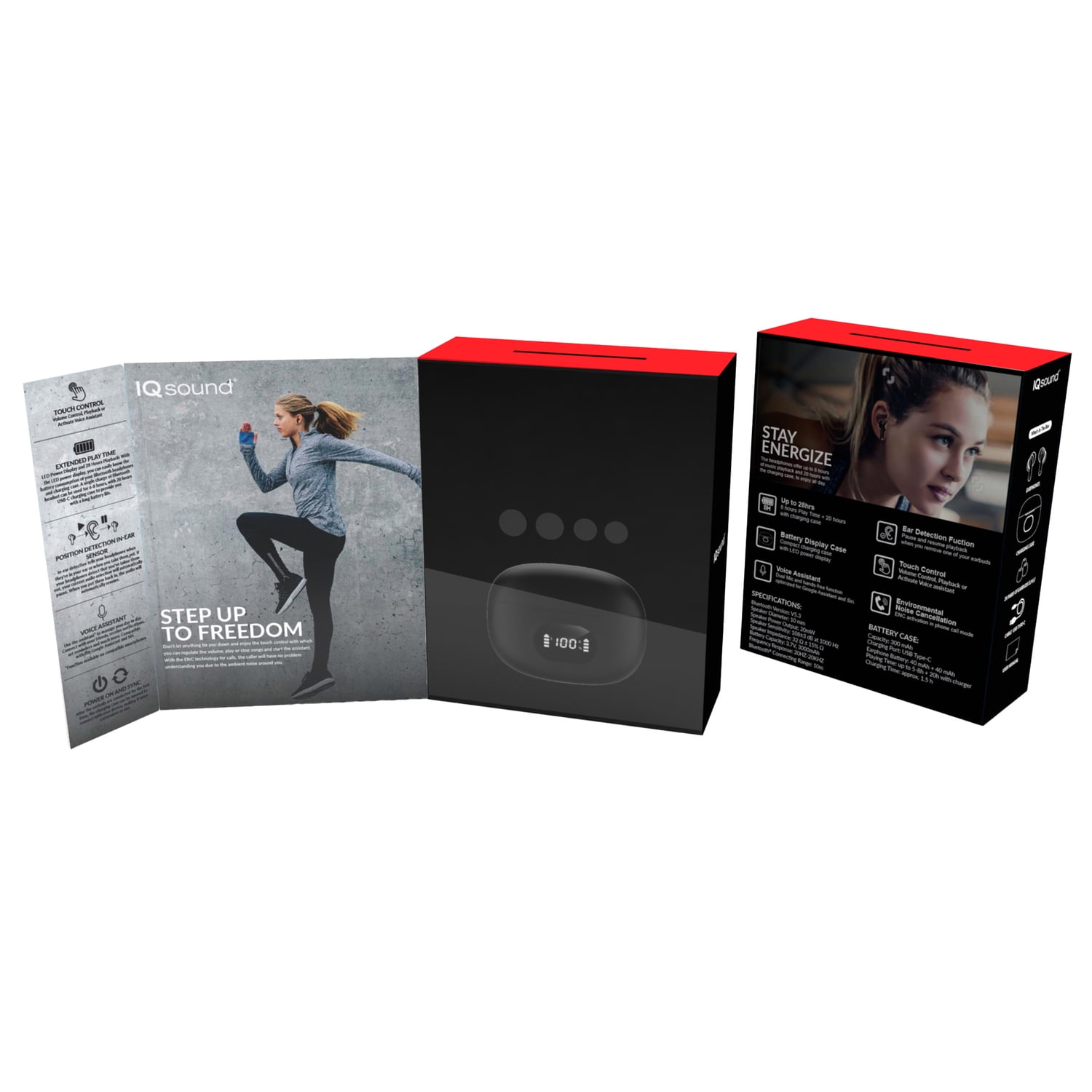 IQ Sound Bluetooth Earphones with Microphones, True Wireless with LED-Power-Display Charging Case, Black, IQ-243TWS, IQ-243TWS