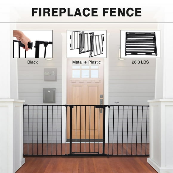 Pefilos 3 in 1 Metal 5 Panel Play Dog Fence with Door, Playpen Dog Gate, Adjustable Wide Fireplace Fence, 120" Wide, Black