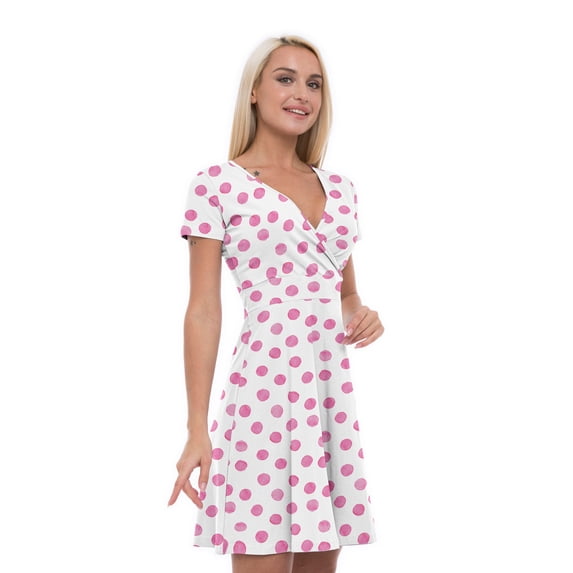 Women’s A Line Polka Dot Summer Dress, Retro Triangle Arrangement, Cross Wrap V Neck, 6 Sizes, by Ambesonne