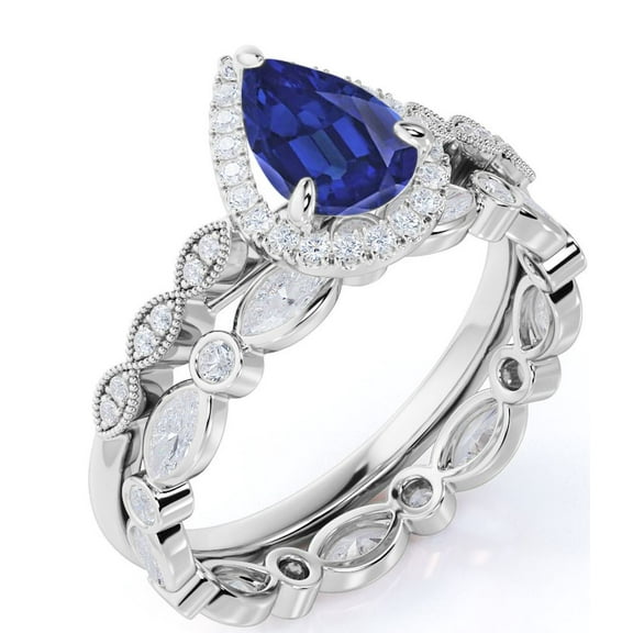 JeenMata 1.5 Carat Pear Cut Handmade Lab Created Blue Sapphire Bridal Ring Set in 18k White Gold over Silver