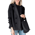 thumbnail image 1 of Women's Double Breasted Wool Pea Coat Notched Lapel Ribbed Knit Long Sleeve Sweater Short Blazer Jacket Black L, 1 of 5