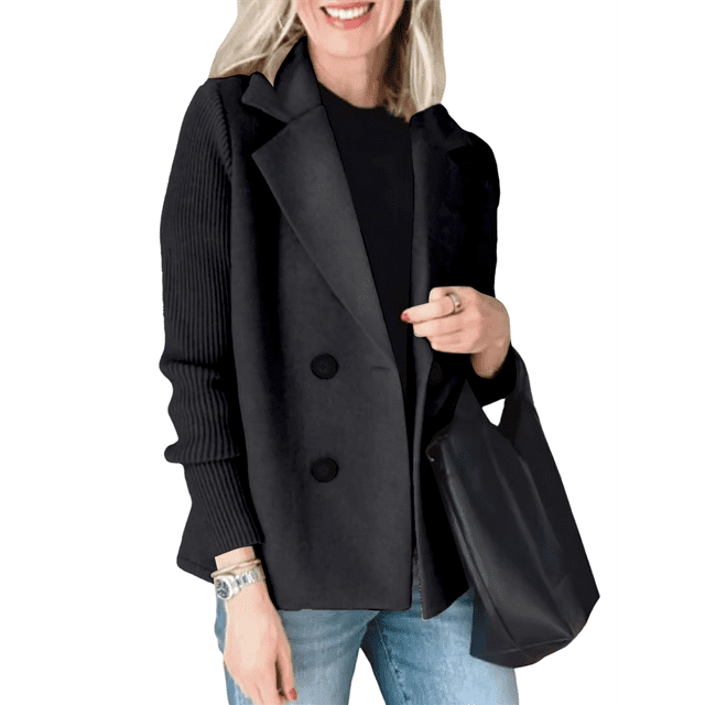 Women's Double Breasted Wool Pea Coat Notched Lapel Ribbed Knit Long Sleeve Sweater Short Blazer Jacket Black L