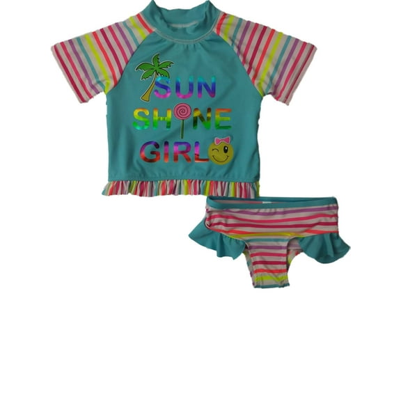 Toddler Girls Sun Shine Girl Winking Emoji 2-Pc Rash Guard Swimming Suit 3T