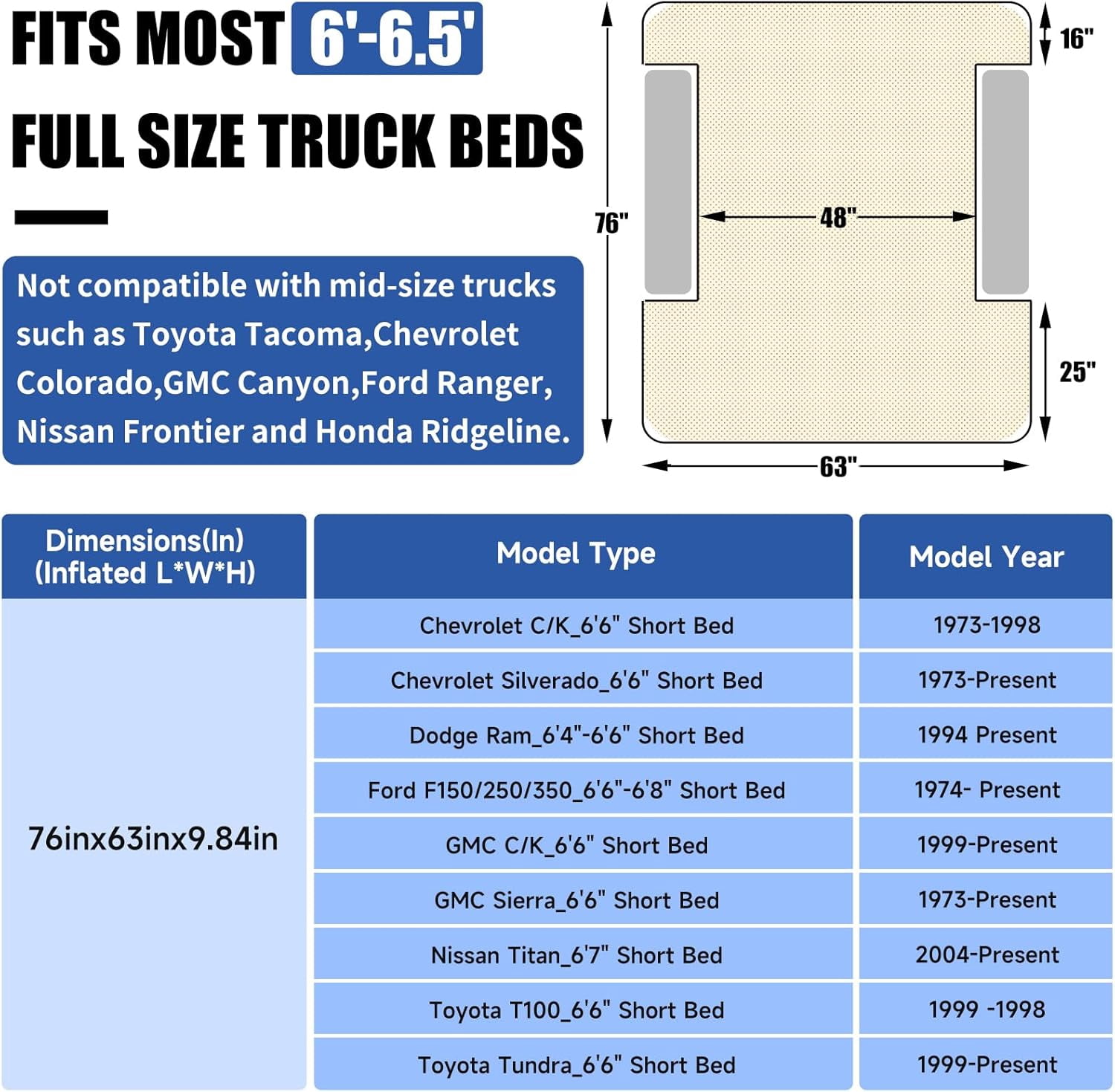 Umbrauto Truck Air Mattress for 6-6.5ft Full Size Truck Bed, Rechargeable Wireless Pump, Upgraded Peach Skin Fabric Top, Pickup Tent Airbed for Outdoor Travel