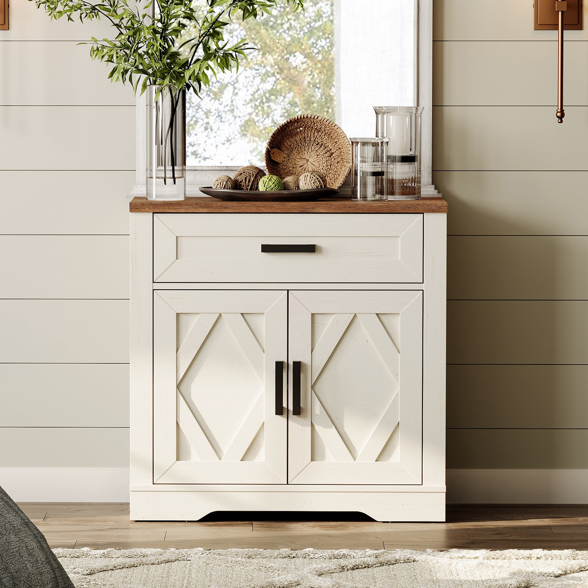 WAMPAT 31.5"W Farmhouse Buffet Sideboard with Barn Doors, Drawer & Storage, White