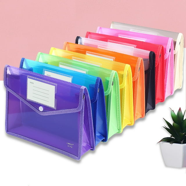 Musbetu A4 Colorful File Folder with Label Pocket Horizontal Snap Button Portable Examination Paper Document File Organizer Bag School Supplies