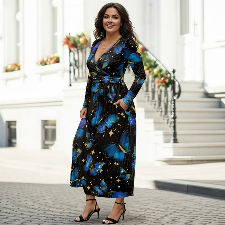 blue butterfly print dress ZAPAKA Women Simple Black Blue Mermaid Long Bridesmaid Dress with Slit  Spaghetti Straps Pleated Long Formal Dress – Zapaka CA main image 0