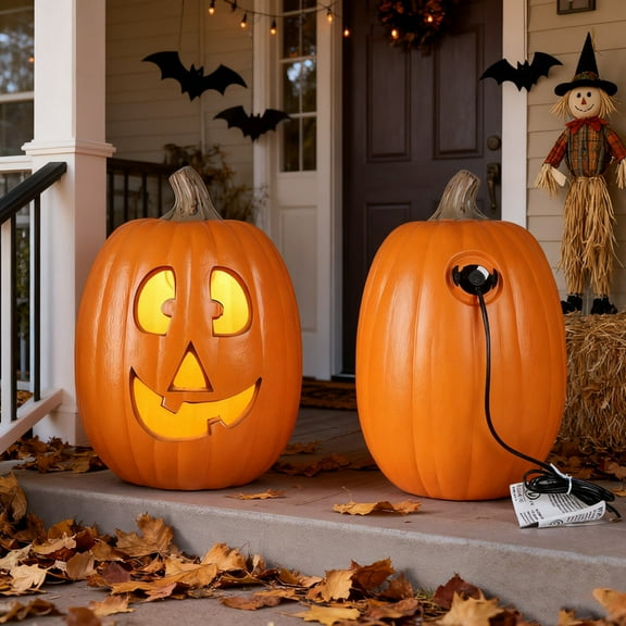 12 Inch Large Light-Up Jack O'Lantern - Flickering LED Halloween Pumpkin for Porch, Yard, and Indoor Party Decorations