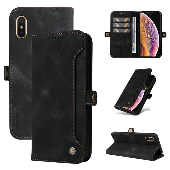 Mantto Case Compatible with iPhone X/XS, Luxury PU Leather Wallet Case with RFID Blocking Card Holder Kickstand Magnetic Closure Flip Slide Slot Case For iPhone X/XS,Black