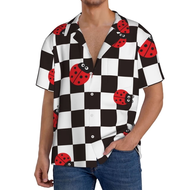 Fotbe Ladybugs Of Black And White Checkers Camisa Estampada de Manga Corta para Hombre, Casual de Verano, Estilo Playero, Sin Arrugas-Small