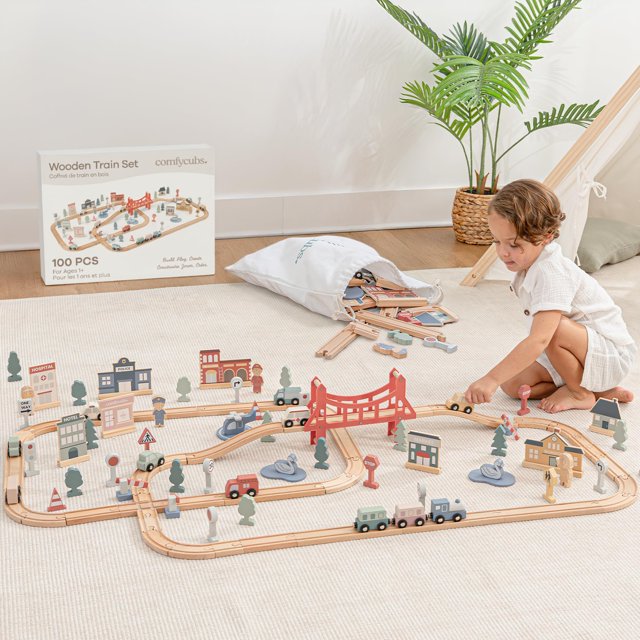 Circuito de tren de madera Comfy Cubs de 100 piezas para niños pequeños