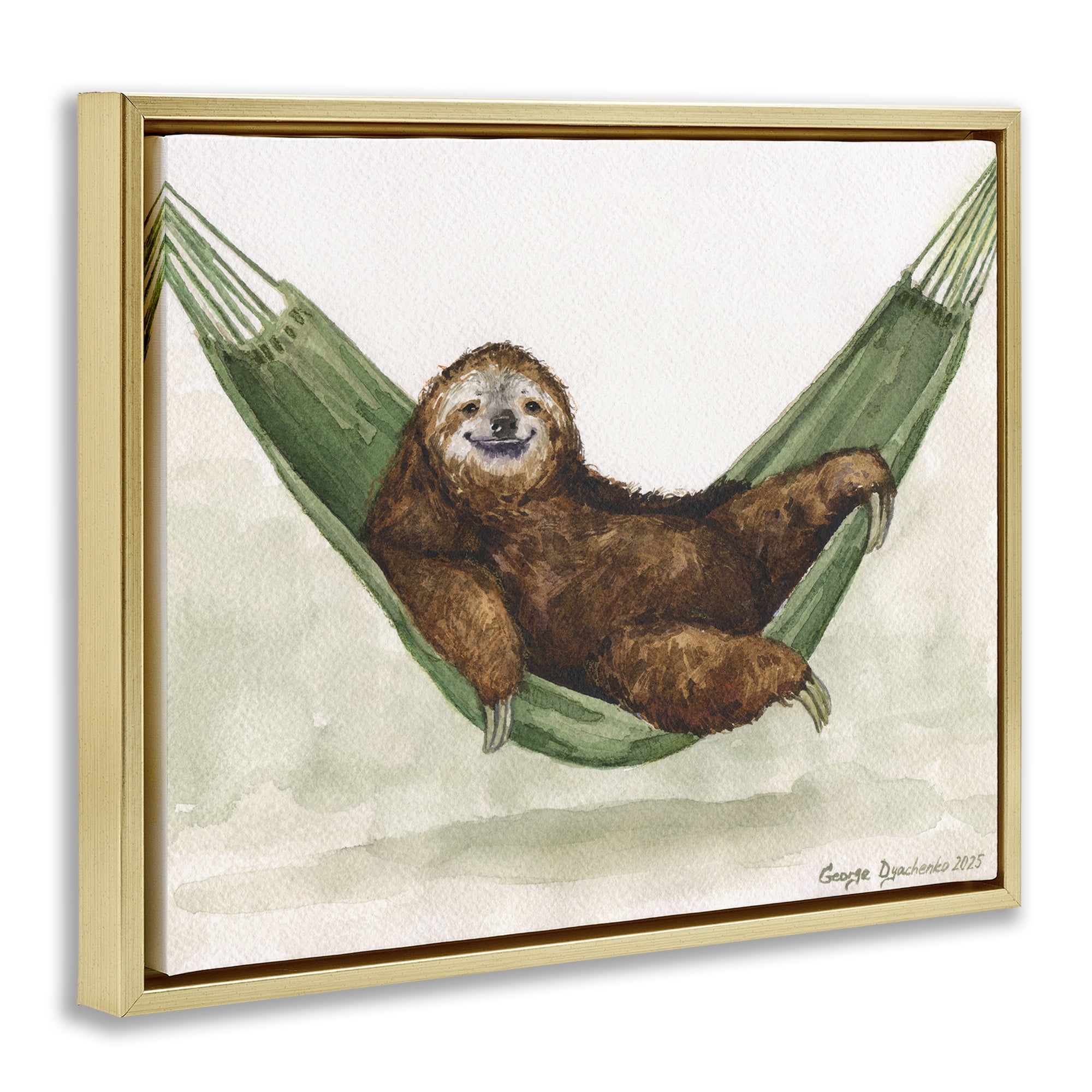 Stupell Industries Sloth On The Hammock Gold Framed Floater Canvas Wall Art, design by George Dyachenko