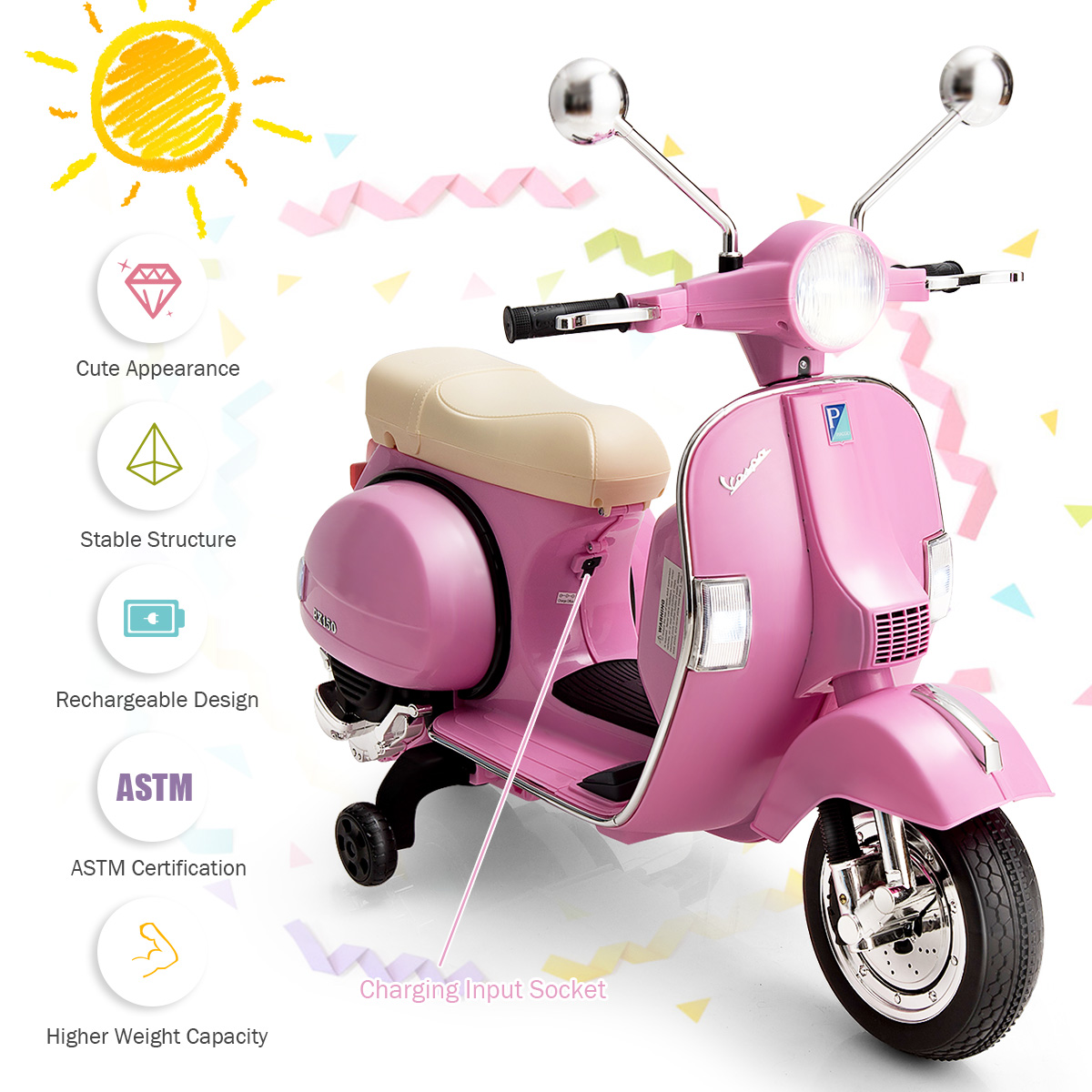 Costway Kids Vespa Scooter, 6V Rechargeable Ride on Motorcycle w/Training Wheels Pink - image 6 of 9