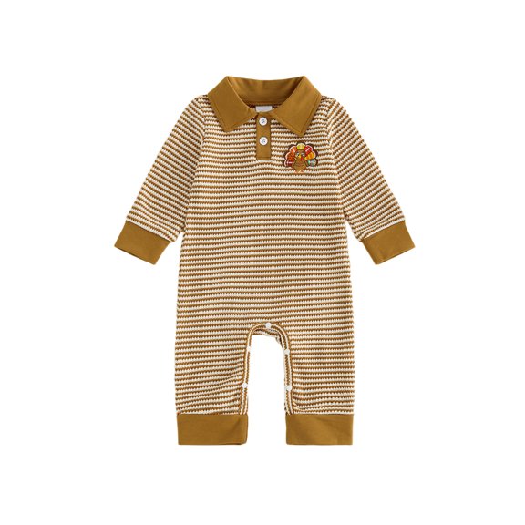 RUINIXCW Newborn Baby Boy Thanksgiving Outfit Infant Baby Boy Fall Winter Clothes Waffled Knit Stripe Romper Turkey Embroidered Buttons Long Sleeve Bodysuit Jumpsuits