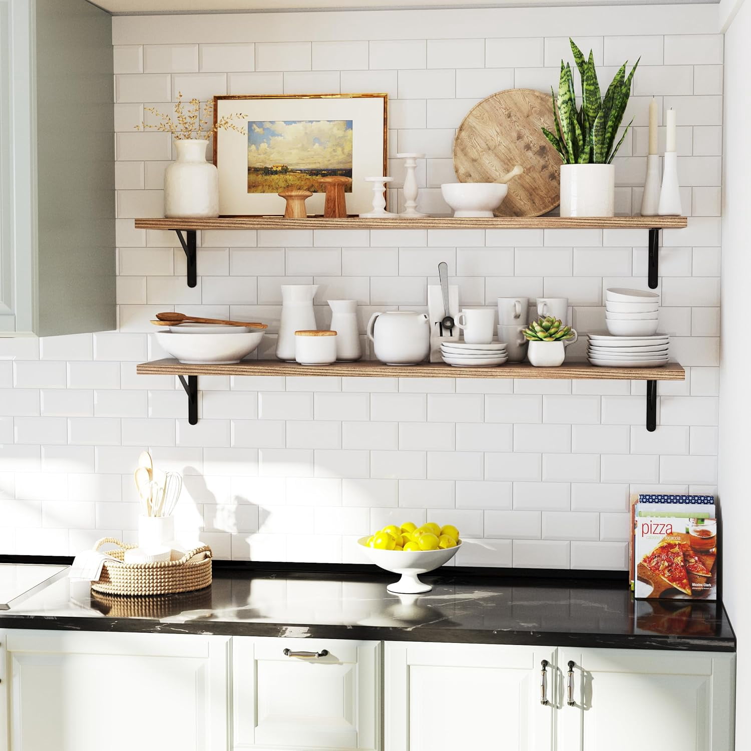 Wallniture Forme 54 x 10 inch Wood Floating Shelves for Living Room, Bedroom, Kitchen Storage Shelving, Wall Mounted Long Shelf, Natural Burnt Color, 1pc