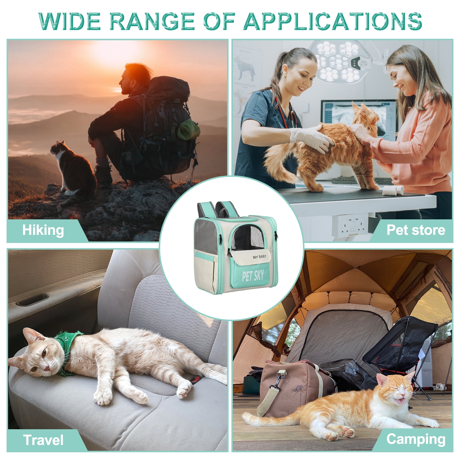 Uxcell Cat Backpack Carrier, Large Space & Breathable, Pet Hiking Travel Backpack for Cats or Small Dogs Puppies, Intended for Hiking / Camping / Traveling (Mint Green, 13"x11"x15")