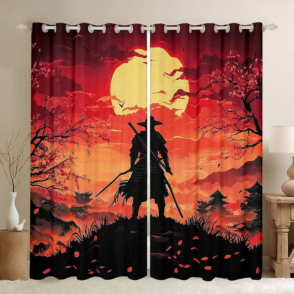 Homewish Japanese Samurai Black Out Curtains,Sakura Cherry Blossom Curtains Pack of 2 (42x63 Each),Black Orange Bedroom Curtains For Men Women,Luxury Bedroom Decor