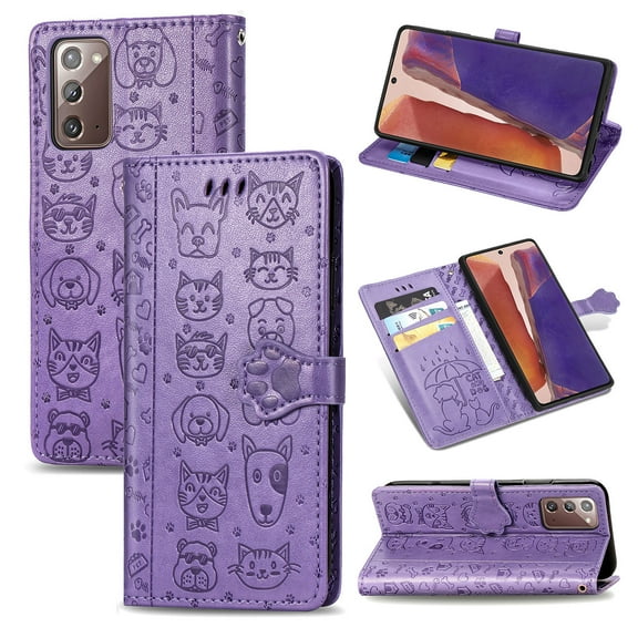 Galaxy Note 20 Case, Allytech PU Leather Cute Dogs & Cats Embossed Folding Stand Folio Flip Anti-scratch Wrist Strap Lanyard Magnetic Clasp Cards Slots Wallet Cover for Samsung Galaxy Note 20,Purple