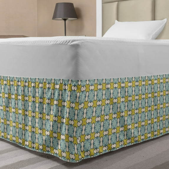 Abstract Bed Skirt, Tile Like Vintage Motif Continuous Pattern, Elastic Bedskirt Dust Ruffle Wrap Around for Bedding Decor, 4 Sizes, Seafoam Yellow Green, by Ambesonne