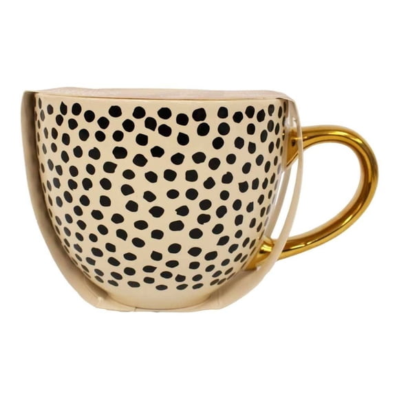 Taza Thyme & Table de Cerámica con Asa Dorada Diseño de Puntos Pequeños Negros 473 ml Blanco