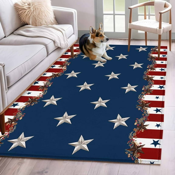 Country Star Farm Area Rug 3x5 Washable Rug Non Slip Red Blue Patriots Stripe American Flag Large Area Rug Indoor Floor Carpet for Entryway Bedroom Kitchen Living Room Home Office Dining Room Nursery