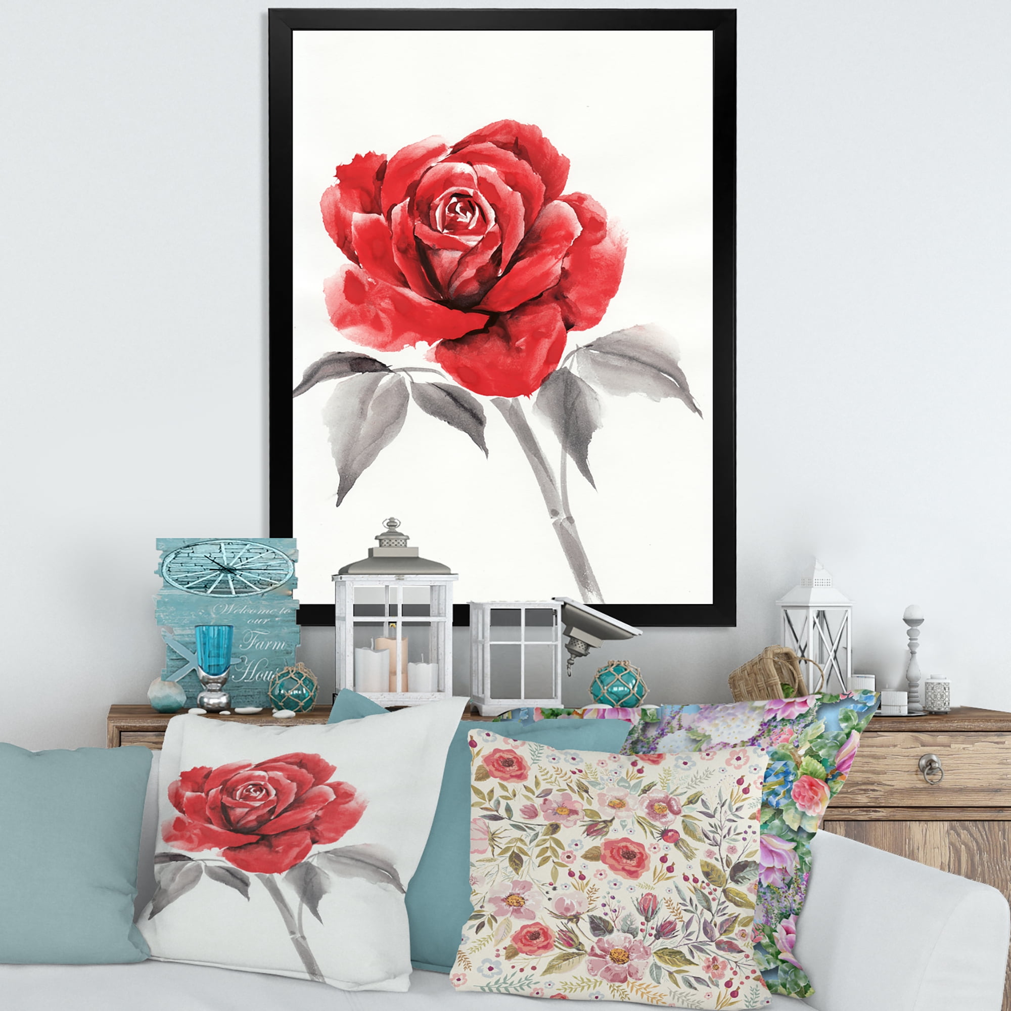 Designart 'Ancient Red Rose Flower I' Traditional Framed Art Print