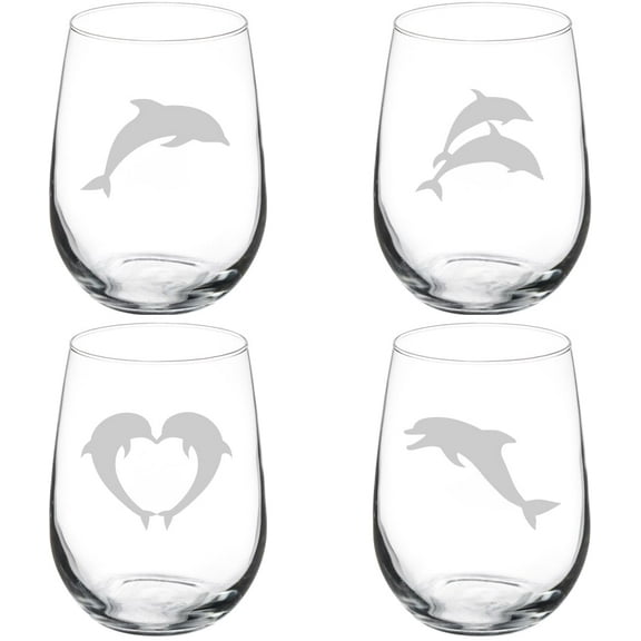 Set of 4 Wine Glass Gift Dolphin Collection (17 oz Stemless)