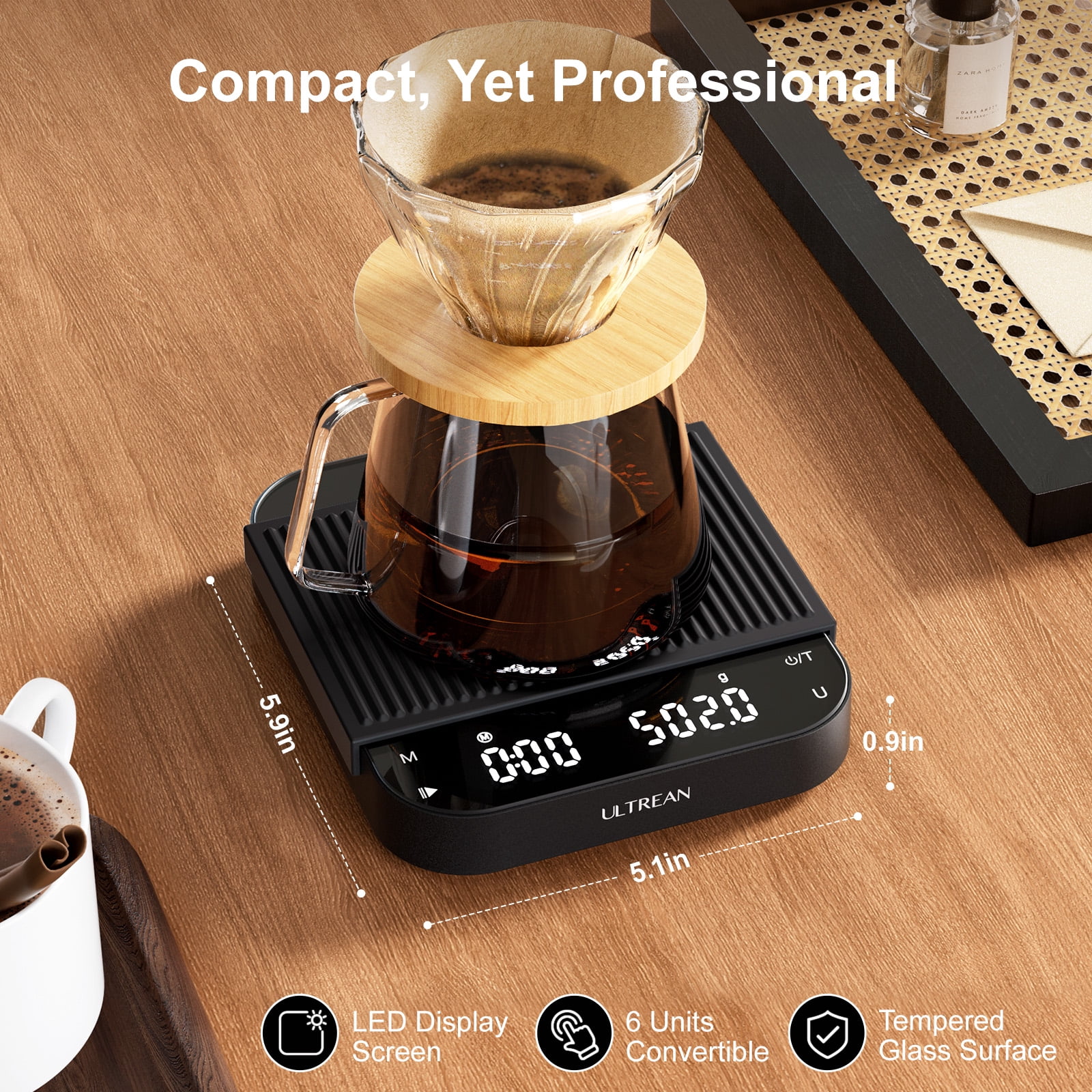 Ultrean Coffee Scale with Timer, 0.1g/3kg Precision Rechargeable Digital Espresso Scale with LCD Display, Coffee Bean Weighing, Removable Waterproof Cover, Digital Kitchen Scale with Auto Timing