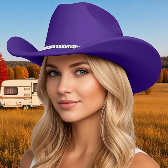 Cowboy Hat for Home and Casual Wear - Sparkling Rhinestone Wide Brim Sun Travel Western Style Accessory