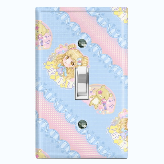 Metal Light Switch Wall Plate Outlet Cover (Pop Star Blue Anime Stripe Pink Ribbon String Pattern - Single Toggle)