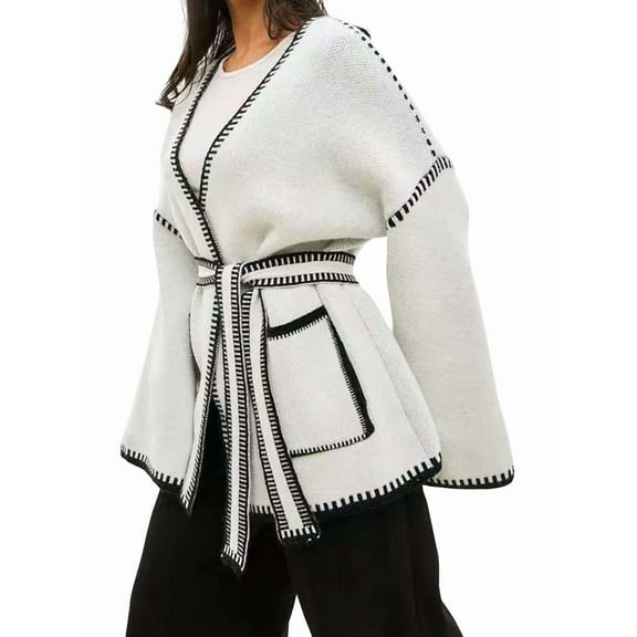 Women'S Trendy Casual Loose Oversized Color Block Long Sleeve Open Front Sweater Cardigan for Women White M