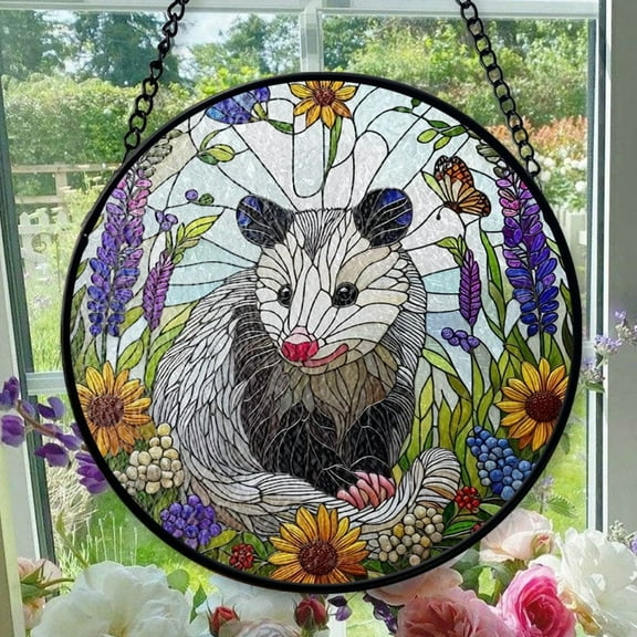 Hanging Stained Glass for Windows Opossum Wildflowers - Stained Glass for Windows Opossum Wildflowers, Festival Gift Ornament, Brightens Any Space with Light