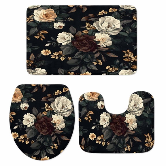 Vintage Black Floral Bath Mat 3 Piece Bathroom Rug Set, Spring Seasonal Botanical Blooms Non Slip Bath Rug Contour Mat and Toilet Lid Cover, Absorbent Shower Mats Soft Bath Rugs and Mats Sets