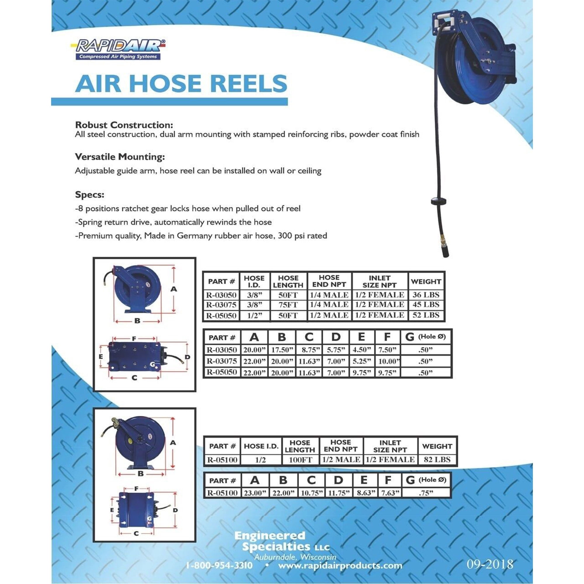 RapidAir 3/8 In by 50 Ft Dual Arm Auto Rewind Alloy Steel Hose Reel, Blue