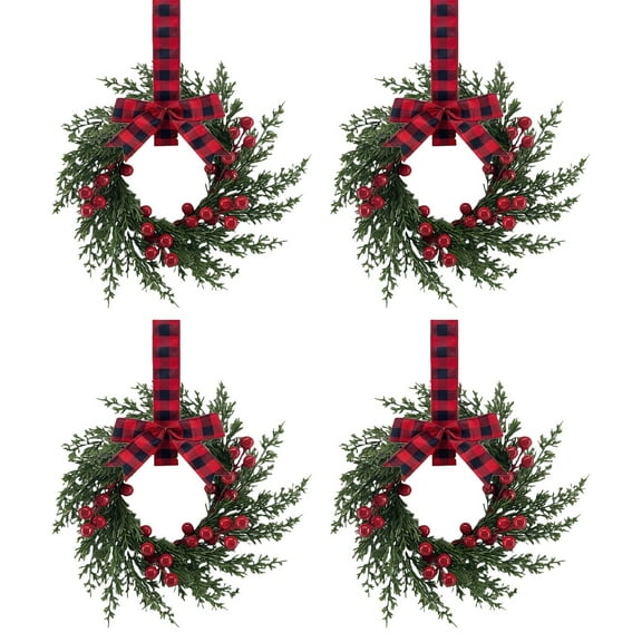 BinKFF 4 Pcs 4" Mini Christmas Wreath Mini Cabinet Wreaths for Kitchen Christmas Red Berry with Red and Black Plaid Bow Farmhouse Wreath for Holiday Xmas Party Decorations