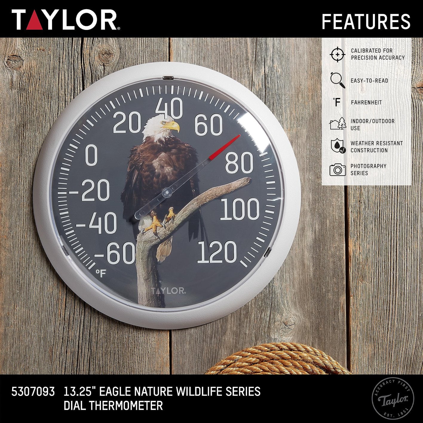 Taylor Nature Series Eagle Indoor Outdoor Dial Thermometer, Easy to Read Wall Decor for Patio, Pool, Yard, Garden or Garage, 13.25 Inch, Gray Bezel