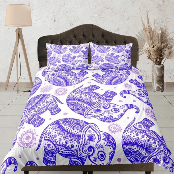 Juego de Funda Nórdica Elefante Morado Ropa de Cama Boho, Ropa de Cama Bohemia con