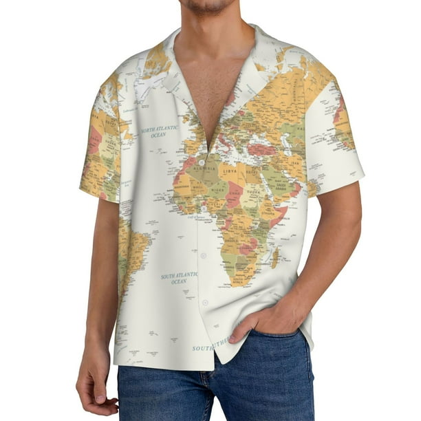 Fotbe World Map 1 Camisa Estampada de Manga Corta para Hombre, Casual de Verano, Estilo Playero, Sin Arrugas-Medium