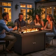 LAUSAINT HOME 43 Outdoor Fire Pit Table , 55,000 BTU Patio Propane Fire Pit with Wood Grain Tabletop & Wind Guard, Black