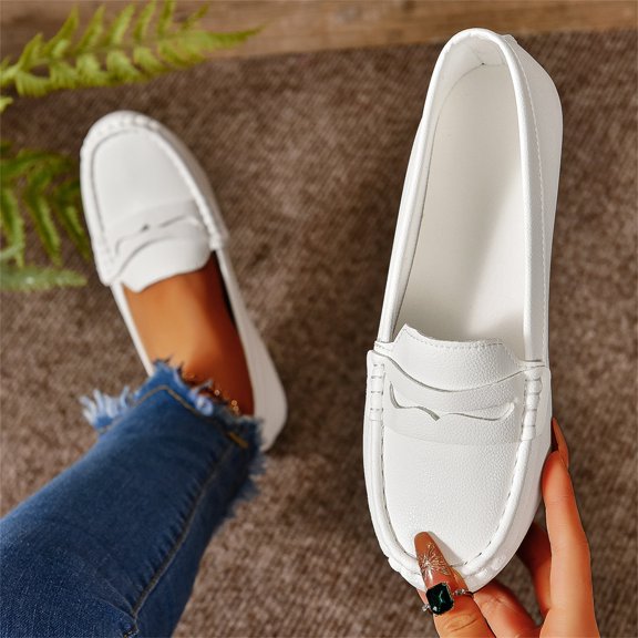 Nestiefly Women's Comfortable & Lightweight Penny Loafers Slip-Ons Business Casual Dress Shoes Work Office Flat Walking Shoes for Women White 42