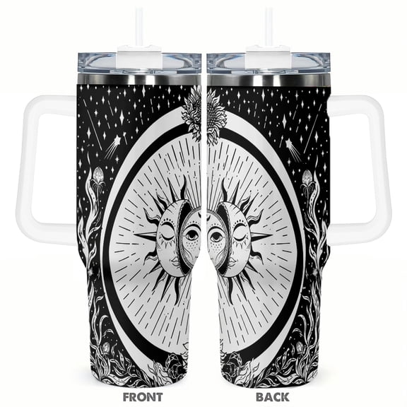 40oz Celestial Sun Moon Travel Tumbler with Handle and Straw Lid Black White Mystic Insulated Car Coffee Cup Gift for Women