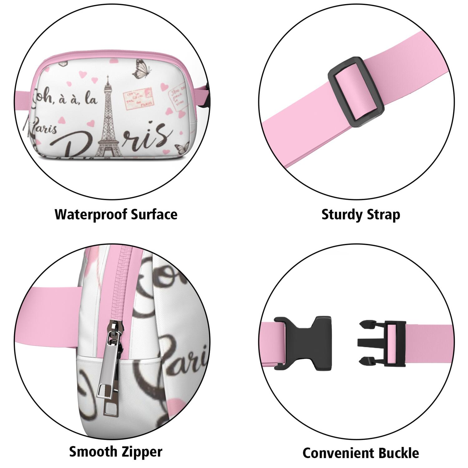 Fanny Pack Paris Belt Bag Sporty Waist Pack for Women Casual Waist Packs with Adjustable Strap Waterproof Belt Bag for Daily Leisure Music Festival/Event