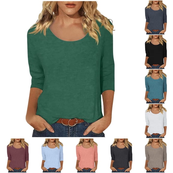 Daznico Women's Solid Scoop Low Cut Neck 3/4 Sleeve T Shirt Soft Stretchy Loose Fit Basic Casual Daily All Season Plain Top,L