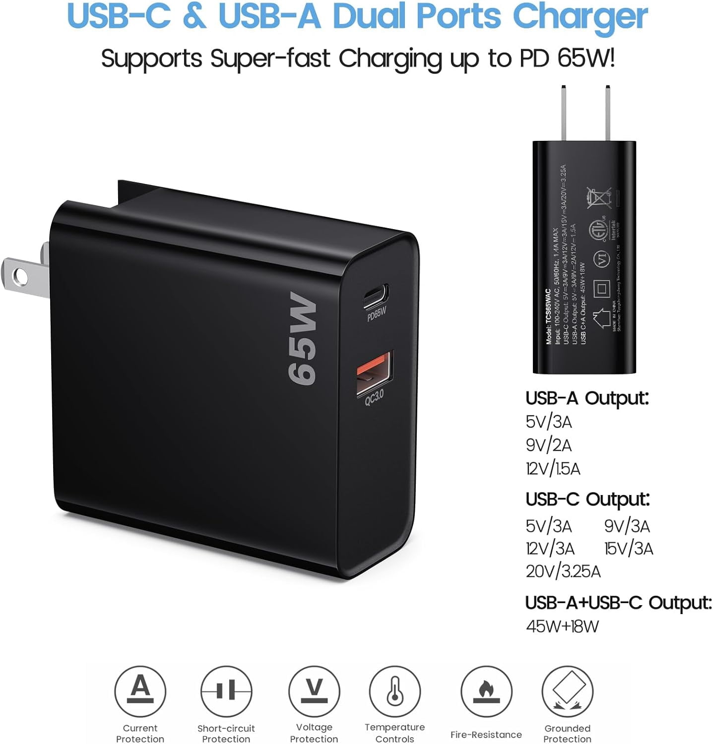 PD 65W USB C Fast Charger for DJI Neo, Air 3S, Mini 4K, 2 SE, Avata 2, Mavic 3 Drones - Dual Port USB + Type C Wall Charger with C to C Charging Cable for DJI FPV Accessories, 6ft Long