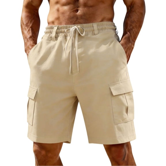 Dwellite Mens Linen Cargo Shorts Summer Casual Loose Elastic Waist Drawstring Lightweight Beach Vacation Shorts with Pocket Khaki 3XL