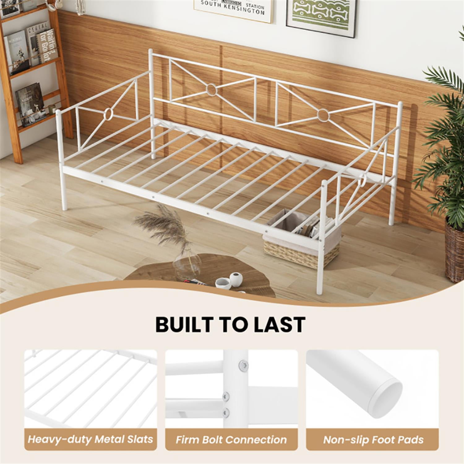 Demi Bonn Metal Daybed Twin Bed Frame Stable Steel Slats Sofa Bed, Modern Bed Frame for Teens, White