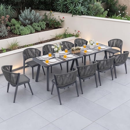 12-Piece Outdoor Dining Set Two 51.2 Rectangular Aluminum Tables & 10 Hand-Woven Wicker Chairs with 3-Layer Breathable Cushions Rustproof All-Weather Patio Furniture for Garden & Deck