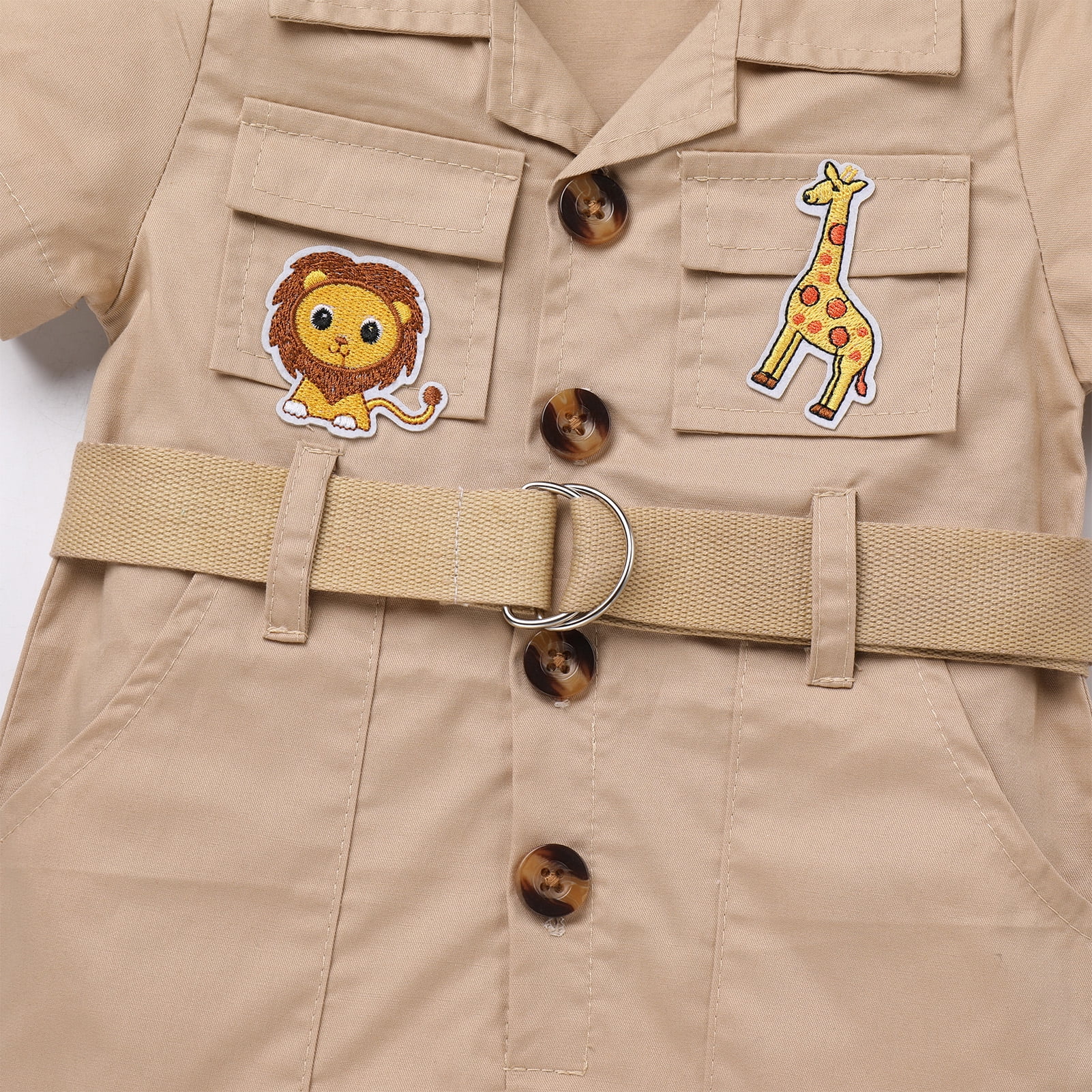 IBTOM CASTLE Toddler Baby Boys Girls Lion Giraffe Birthday Outfit One Piece Romper Jumpsuit with Belt and Hat Jungle Safari Cake Smash Clothes 0-6 Months Khaki