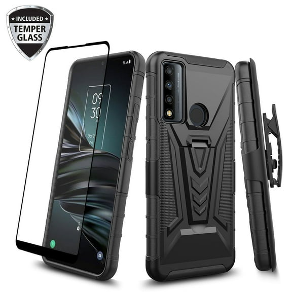 Spy Case for TCL 30V 5G Case with Tempered Glass Screen Protector Hybrid Cover with Kickstand Phone Belt Clip Holster - Black